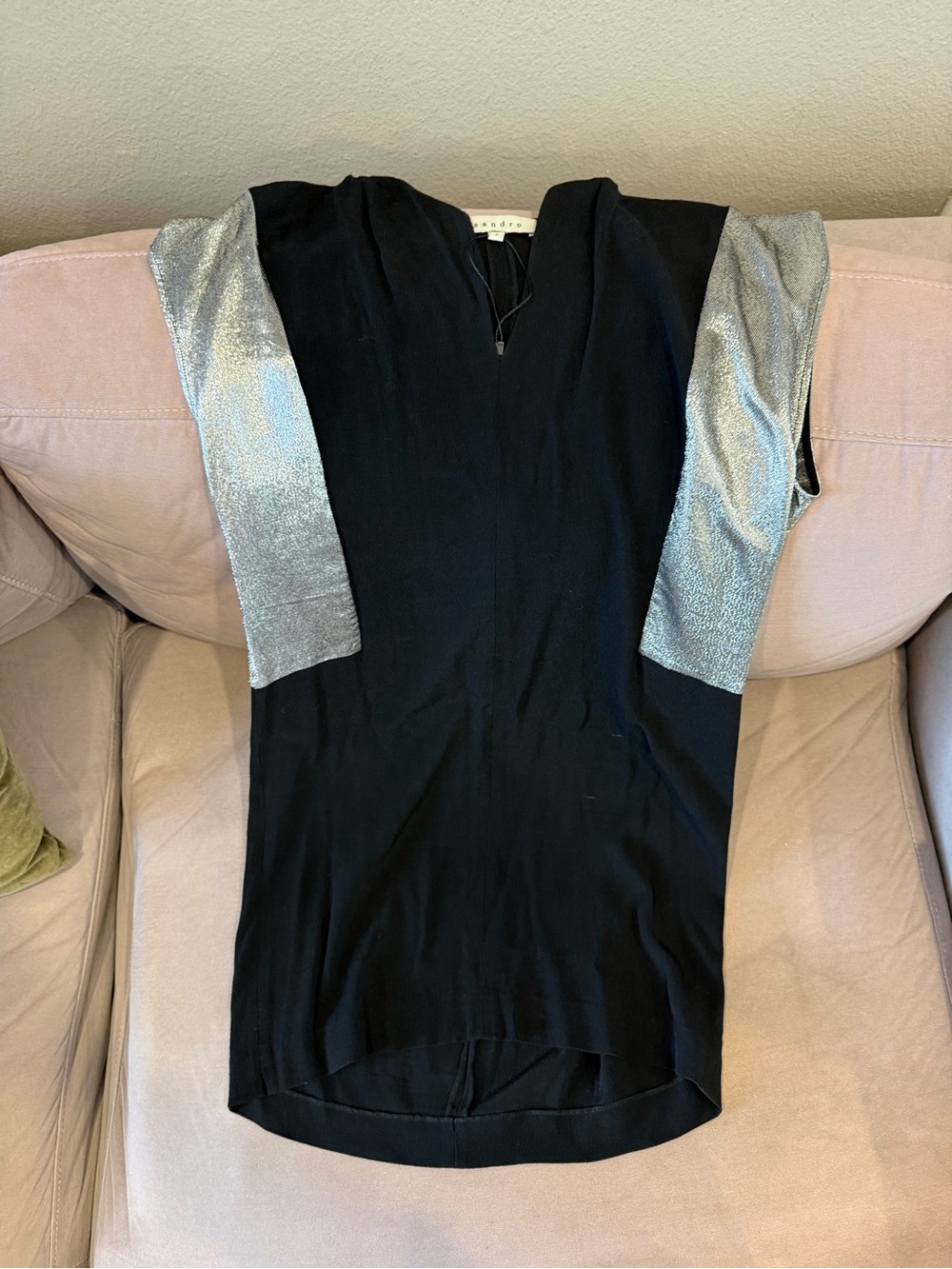 Sandro Black Dress with Silver Metallic Sleeves
